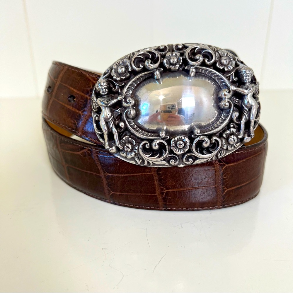 Vintage 90’s Brighton Cherub Silver Buckle w/ Brown Leather Belt Size Large